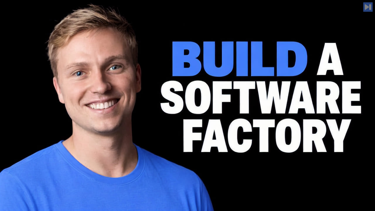 Dru Knox against a black background beside the blue-and-white headline “BUILD A SOFTWARE FACTORY”.