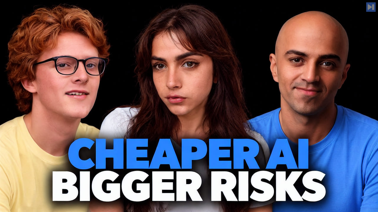 Theo Jaffee, Sofia Puccini and Haseeb Qureshi above the blue and white headline Cheaper AI Bigger Risks on black.