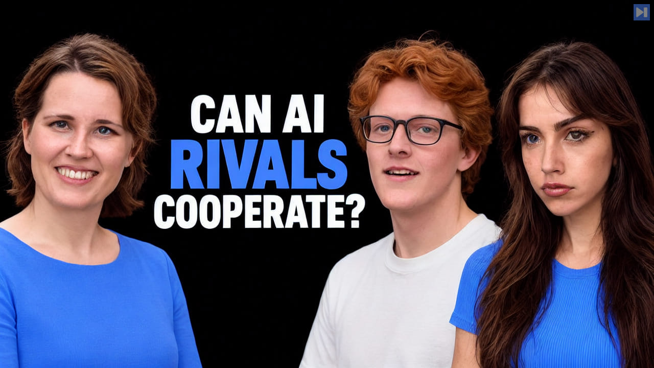 Helen Toner, Theo Jaffee and Sofia Puccini beside the blue and white headline CAN AI RIVALS COOPERATE? on a black background.