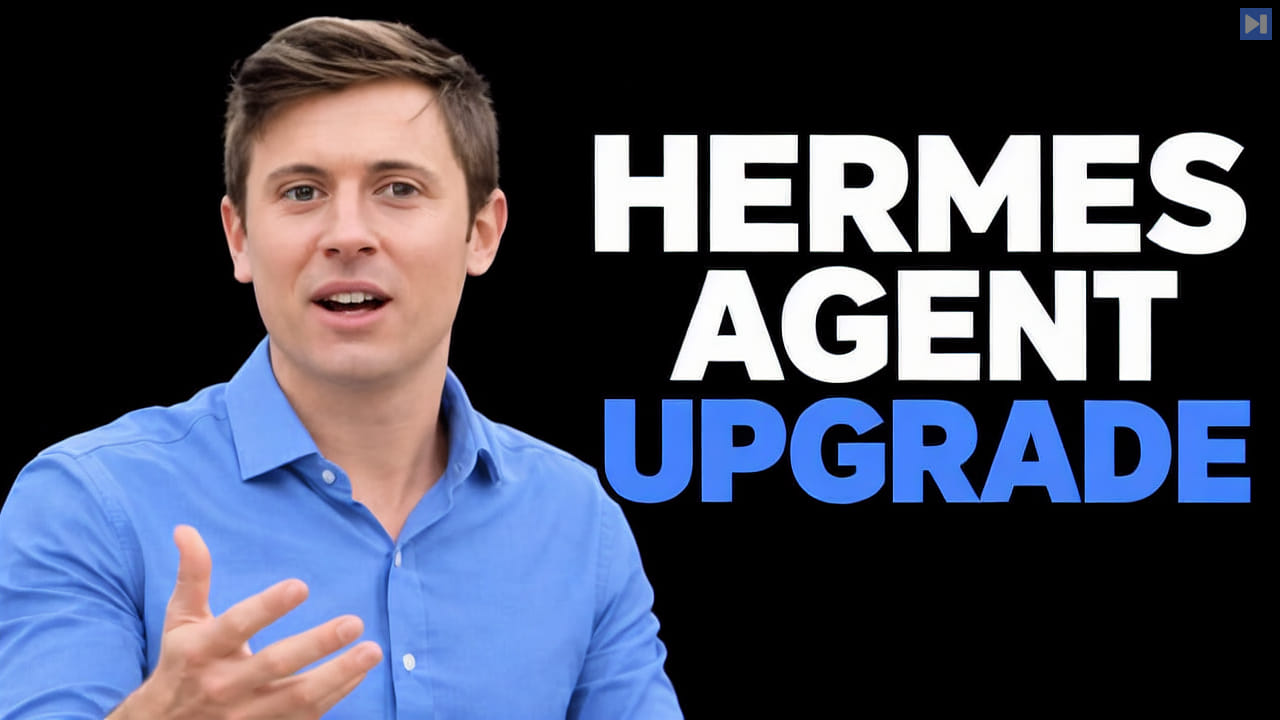 Alex Finn gestures in a blue shirt beside the large white-and-blue headline “Hermes Agent Upgrade” on black.