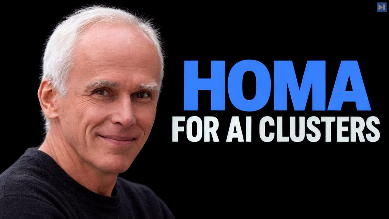 John Ousterhout in a dark shirt on a black background beside the blue-and-white headline HOMA FOR AI CLUSTERS.