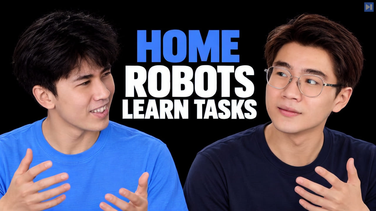 Brexton Pham and Tony Zhao against a black background beside the blue-and-white headline “HOME ROBOTS LEARN TASKS”.
