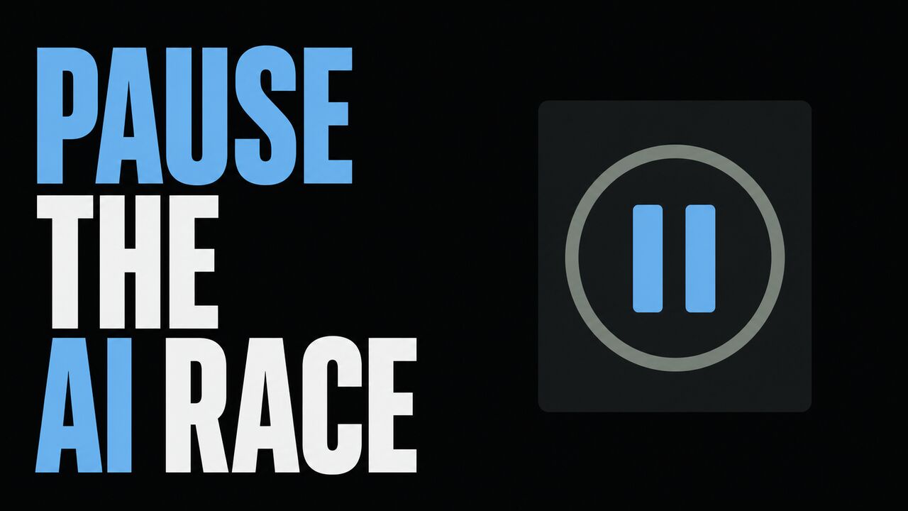 The words Pause the AI Race beside a flat pause symbol