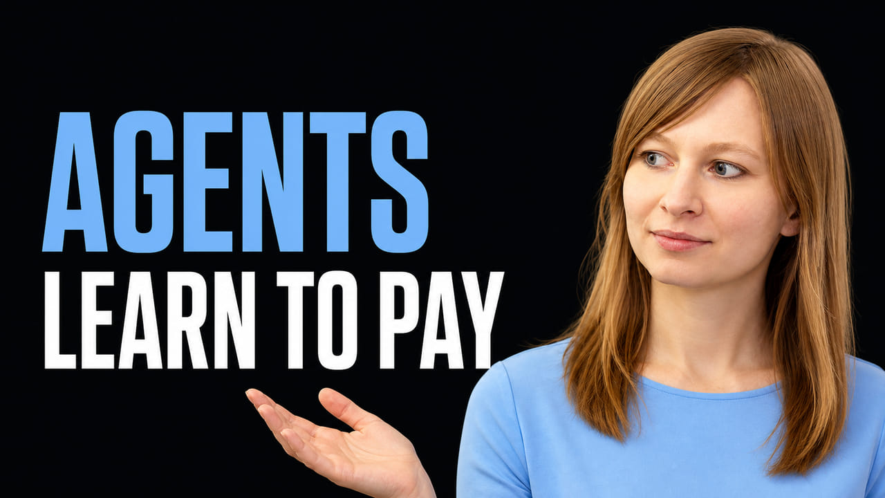 Anna Spysz gesturing toward the words Agents Learn to Pay