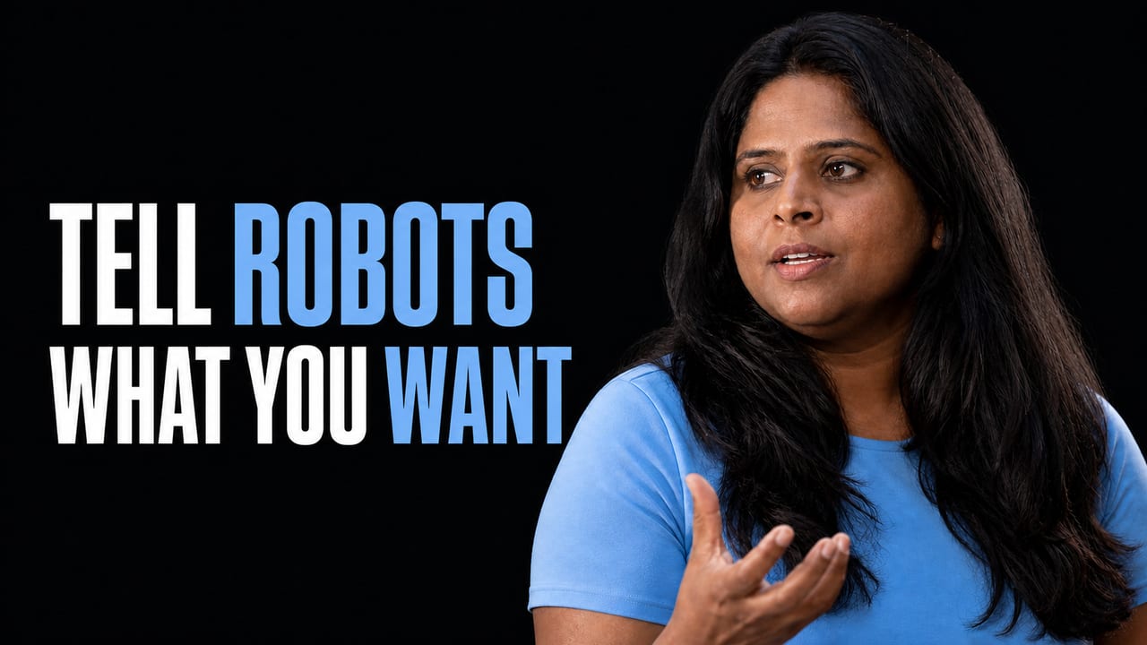 Sandhya Subramani beside the headline Tell Robots What You Want in attention blue and white