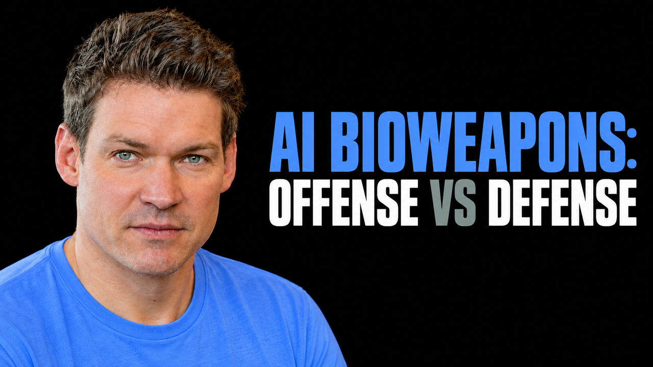 Hannu Rajaniemi beside the headline AI Bioweapons: Offense vs Defense on a black background.