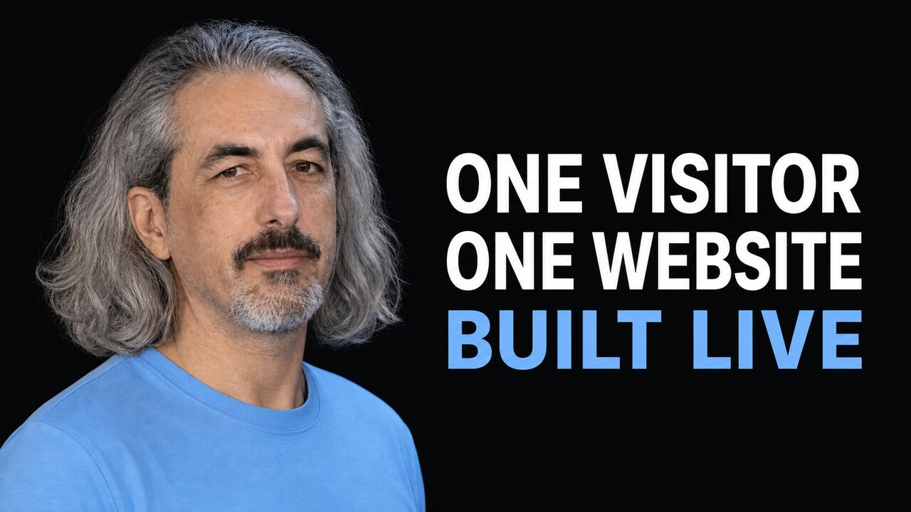 Carlos Sanchez beside the headline One Visitor One Website Built Live in true white and attention blue
