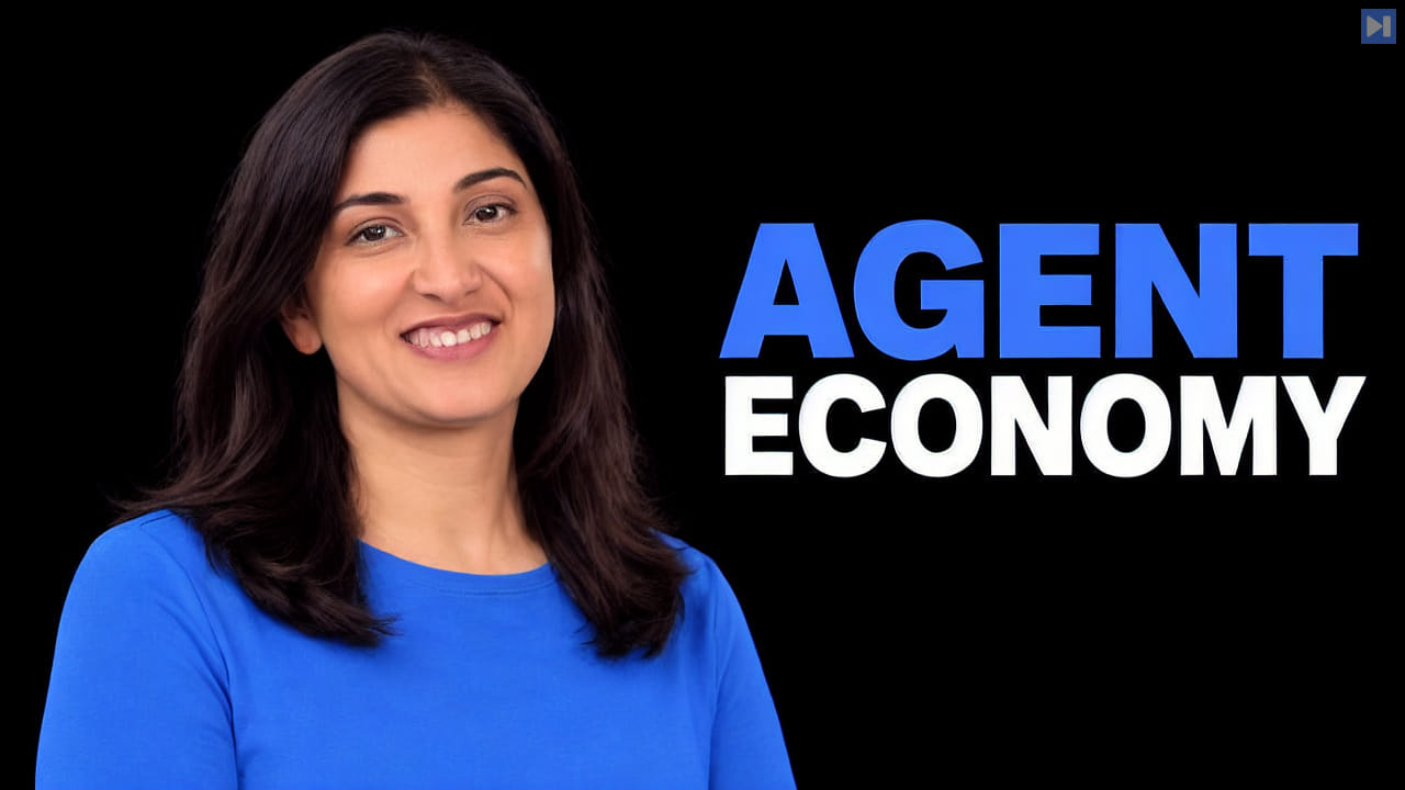 Nilofer Rajpurkar in a blue top on the left beside the blue-and-white AGENT ECONOMY headline against black.