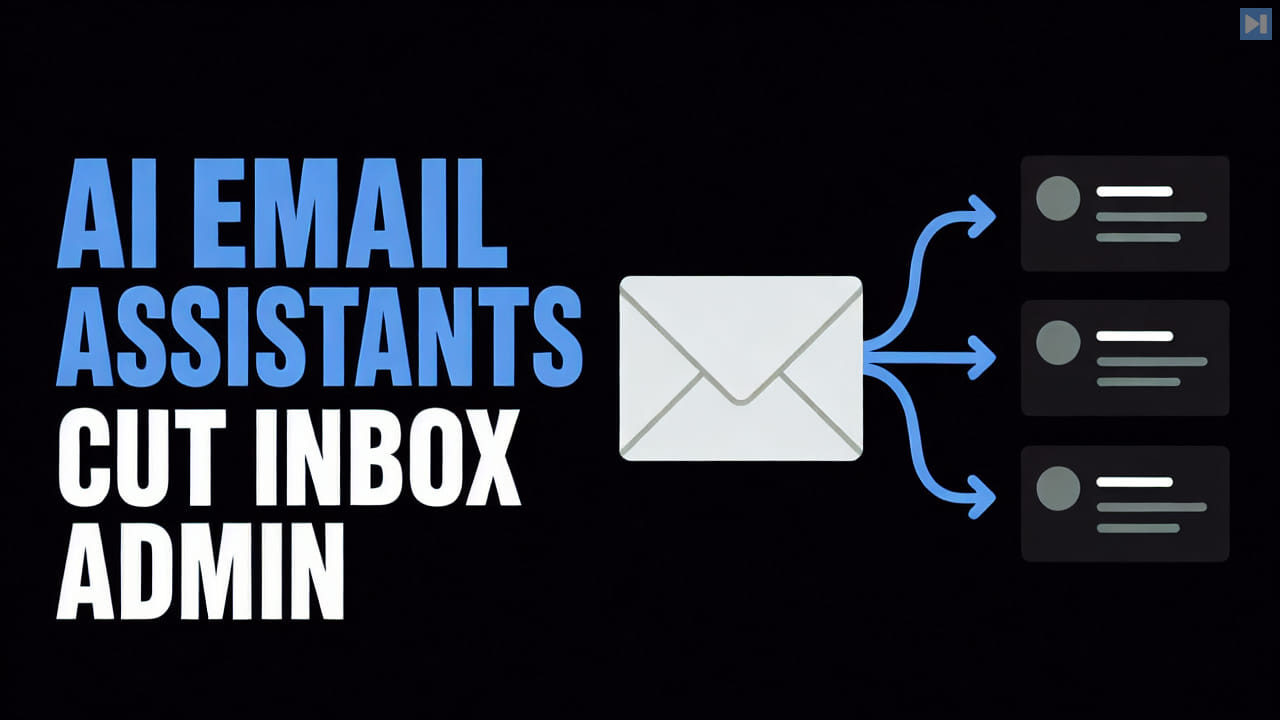 A flat envelope sorting messages beside the words AI Email Assistants Cut Inbox Admin