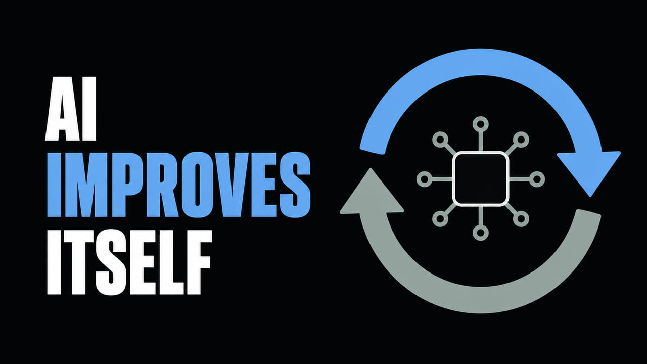AI Improves Itself beside one flat feedback-loop illustration