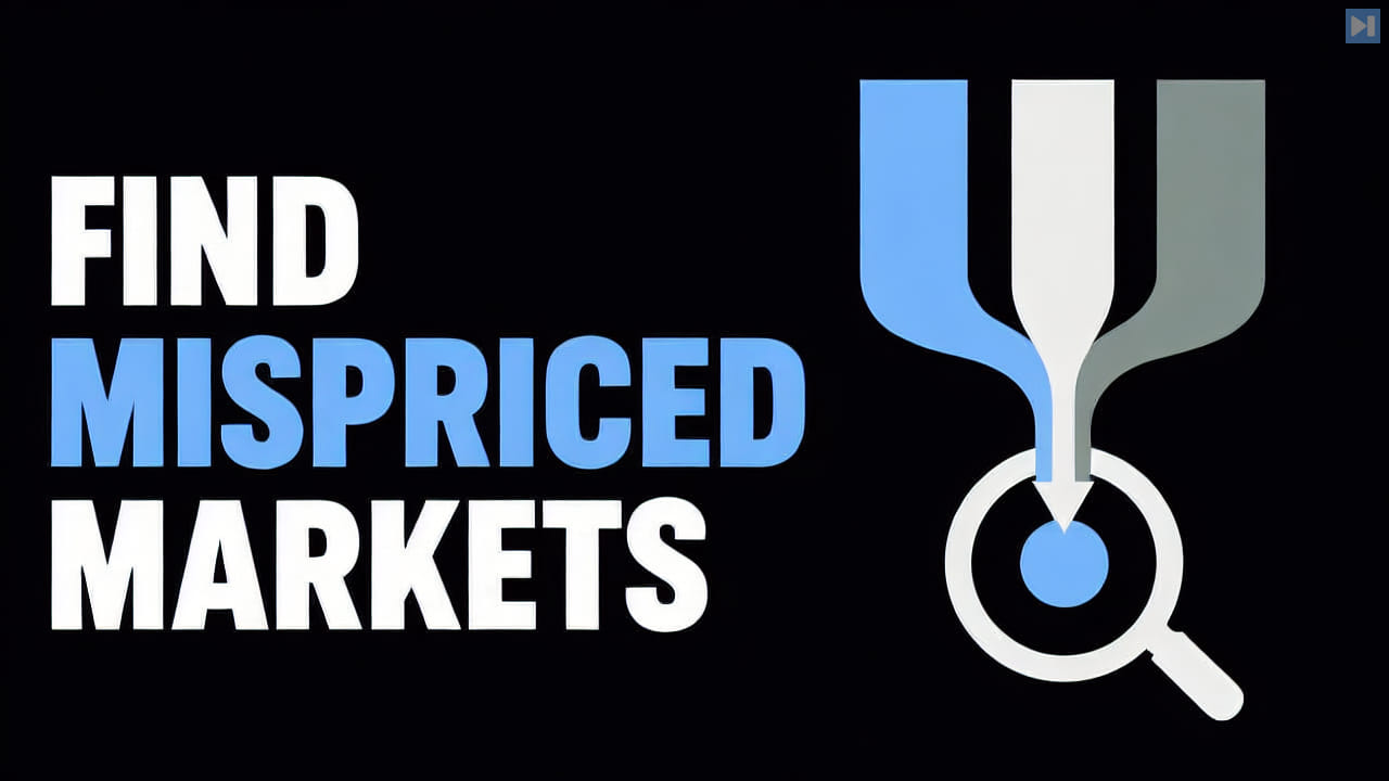 The words Find Mispriced Markets beside three probability paths converging on a magnifying glass