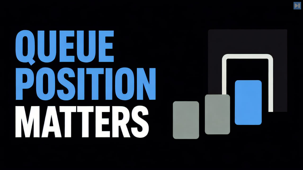 The words Queue Position Matters beside three flat queue blocks approaching a gate