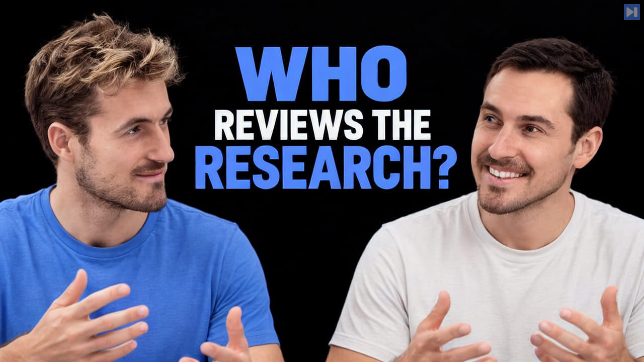 Pierce Freeman and Richard Diehl Martinez in blue and white tops against black, alongside the blue and white headline "WHO REVIEWS THE RESEARCH?".