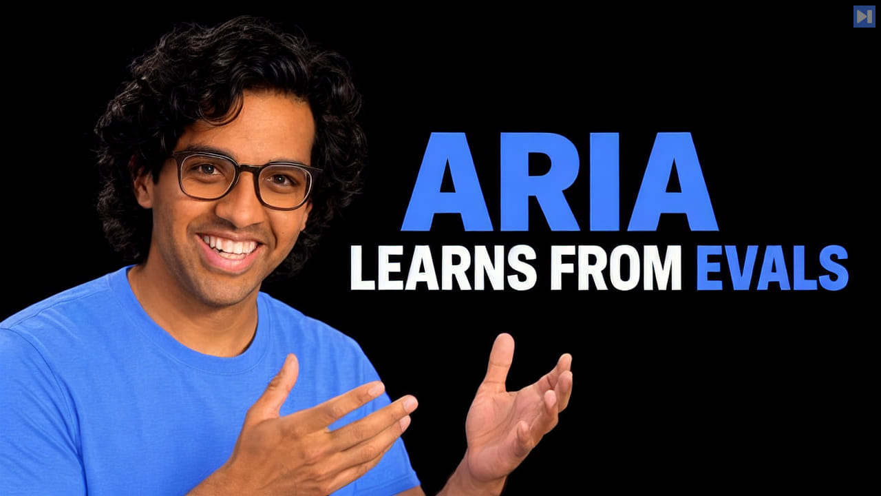 Zubin Aysola in blue and glasses, gesturing beside “ARIA LEARNS FROM EVALS” in blue and white on black.