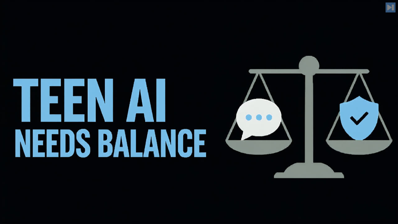 The words Teen AI Needs Balance beside a flat balance-scale illustration