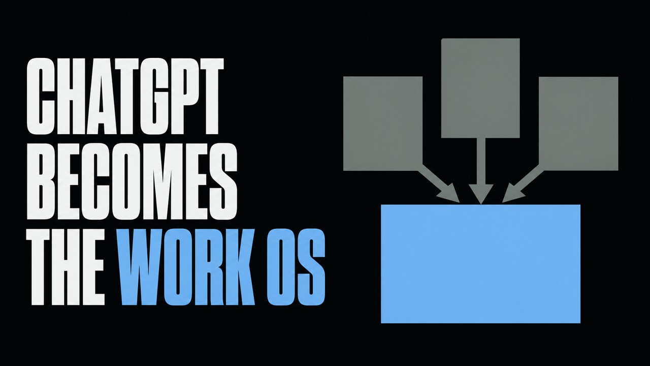 The words ChatGPT Becomes the Work OS beside converging flat work sheets
