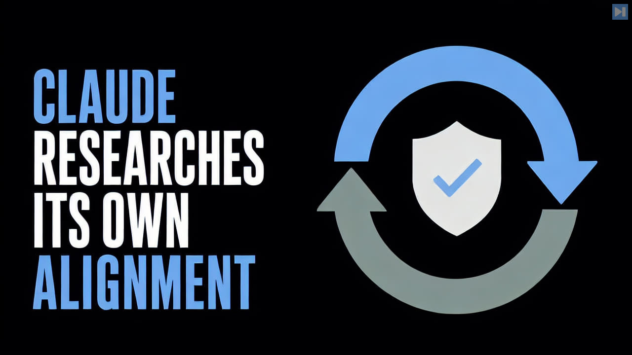 A flat circular research loop and shield beside the words Claude Researches Its Own Alignment