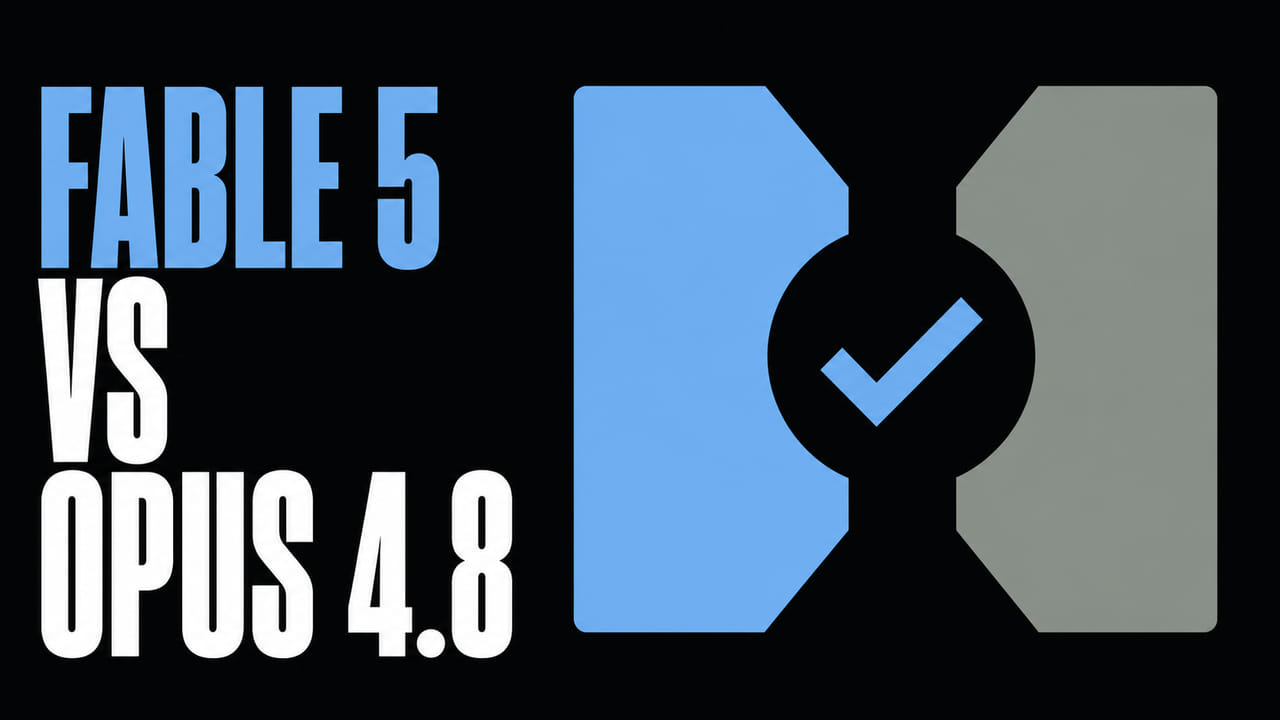 A flat comparison graphic beside the words Fable 5 vs Opus 4.8