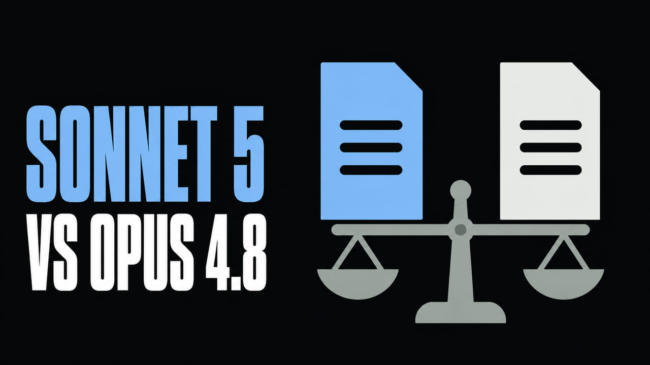 A flat balance graphic beside the words Sonnet 5 vs Opus 4.8