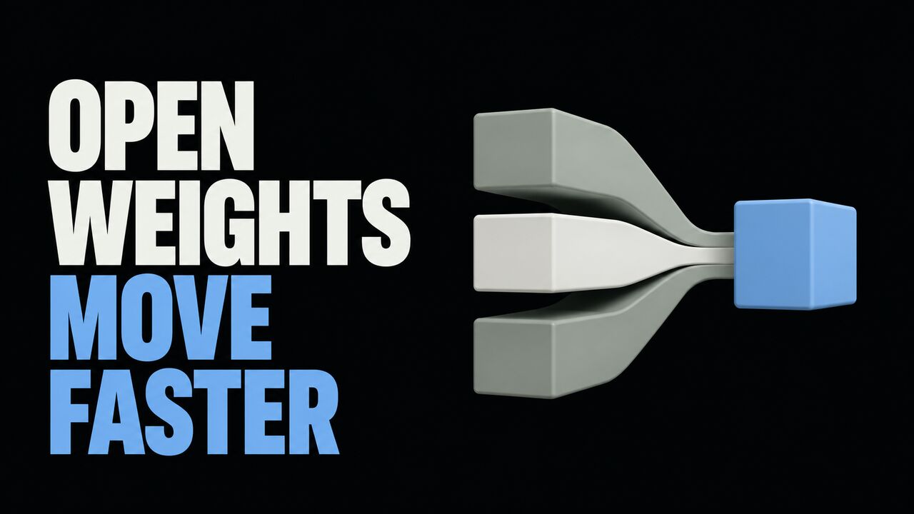 The words Open Weights Move Faster beside an abstract specialist-model distillation