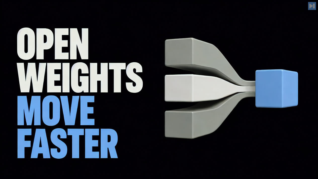 The words Open Weights Move Faster beside an abstract specialist-model distillation