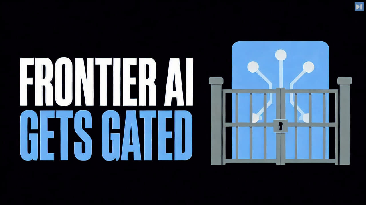 The words Frontier AI Gets Gated beside a flat closed gate illustration