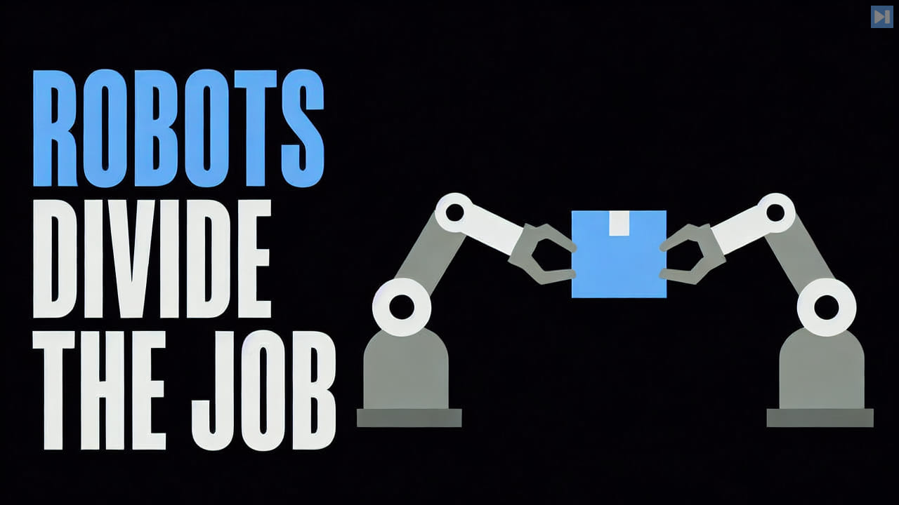 The words Robots Divide the Job beside two flat robot arms passing a box