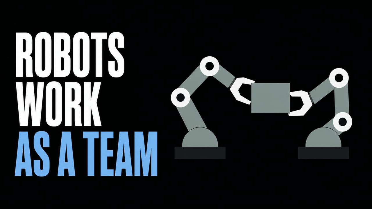Two flat robot arms passing a box beside the words Robots Work as a Team