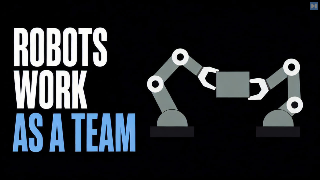 Two flat robot arms passing a box beside the words Robots Work as a Team