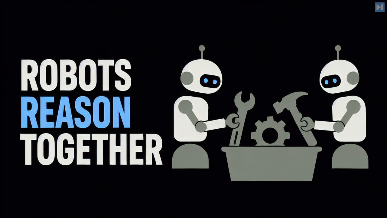 Two flat illustrated robots coordinating around a tool bin beside the words Robots Reason Together