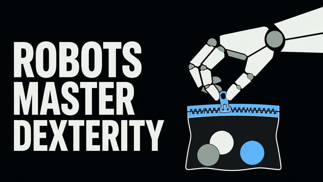 A flat robot hand opening a zipped storage bag beside the words Robots Master Dexterity