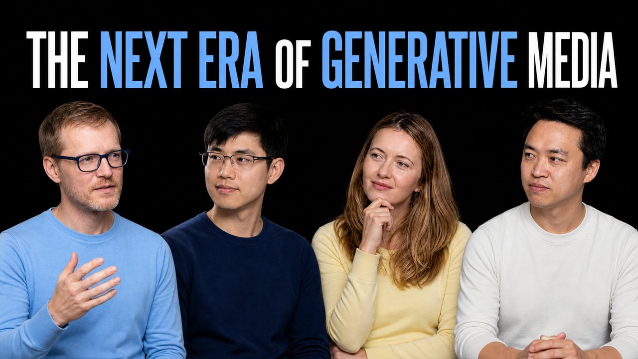 Dumitru Erhan, Shixiang Shane Gu, Nicole Brichtova and Shawn Wang beside the words The Next Era of Generative Media