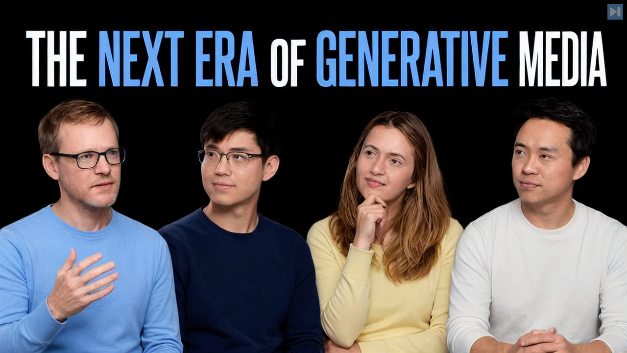 Dumitru Erhan, Shixiang Shane Gu, Nicole Brichtova and Shawn Wang beside the words The Next Era of Generative Media