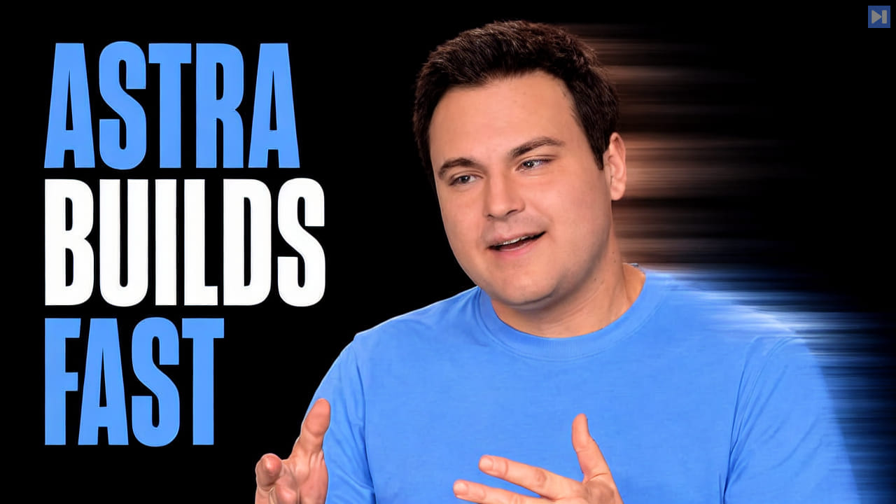 Bijan Bowen gestures in a blue T-shirt with a horizontal motion-blur trail to his right, beside ASTRA BUILDS FAST.