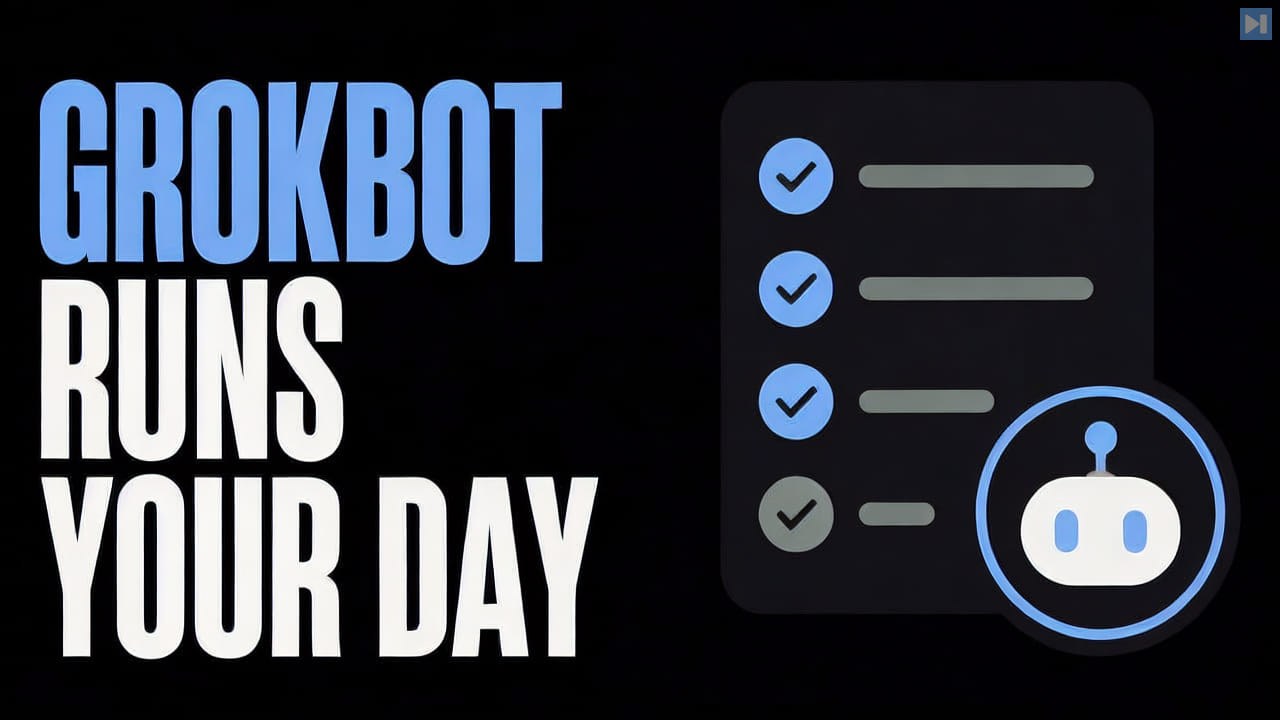 A flat task-list illustration beside the words GrokBot Runs Your Day
