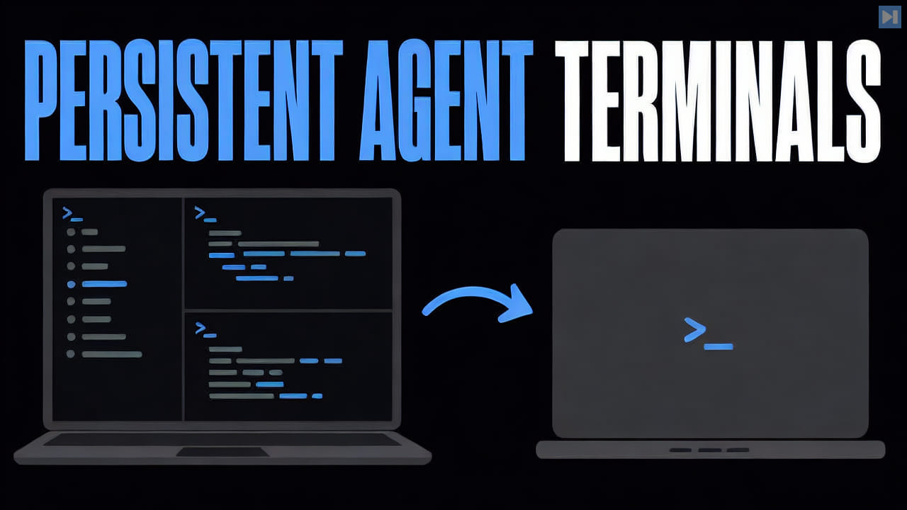 Persistent Agent Terminals in blue and white above flat terminal panes continuing across laptops