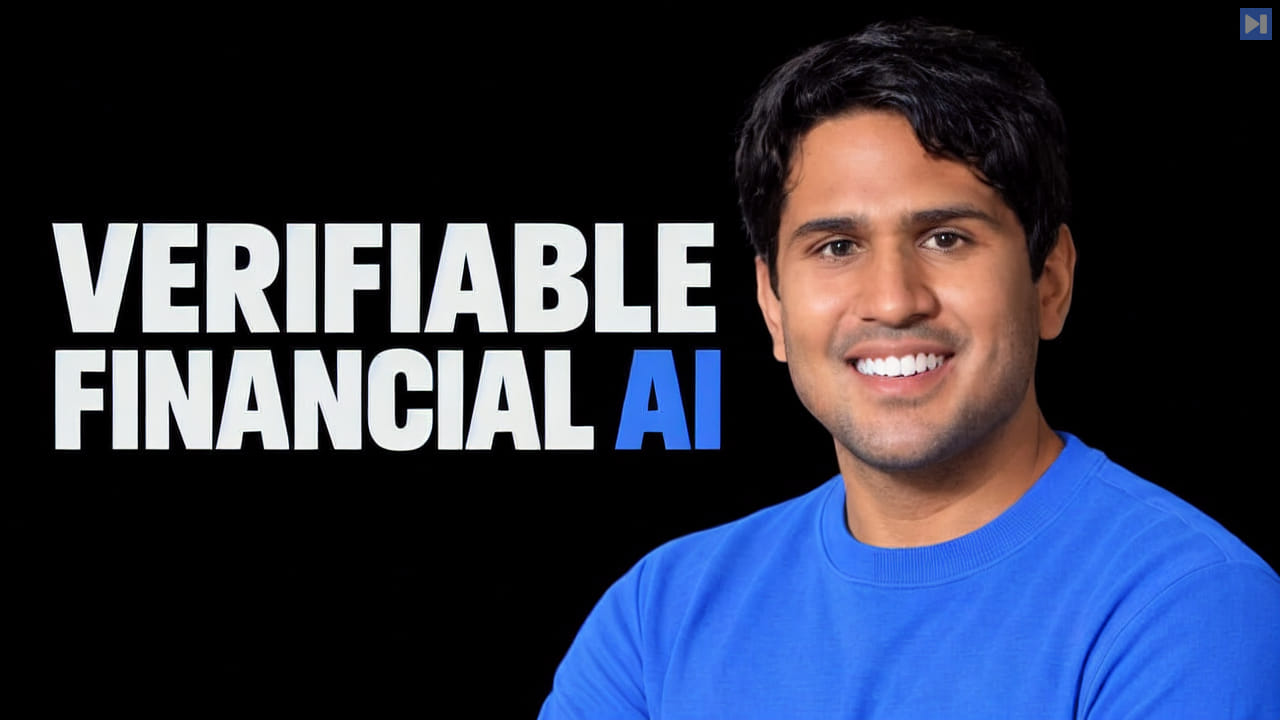 Vinoo Ganesh in a blue shirt beside the headline “VERIFIABLE FINANCIAL AI” on a black background.