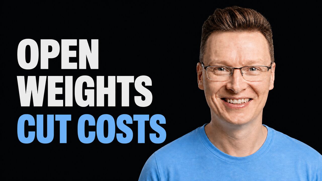 Károly Zsolnai-Fehér beside the words Open Weights Cut Costs