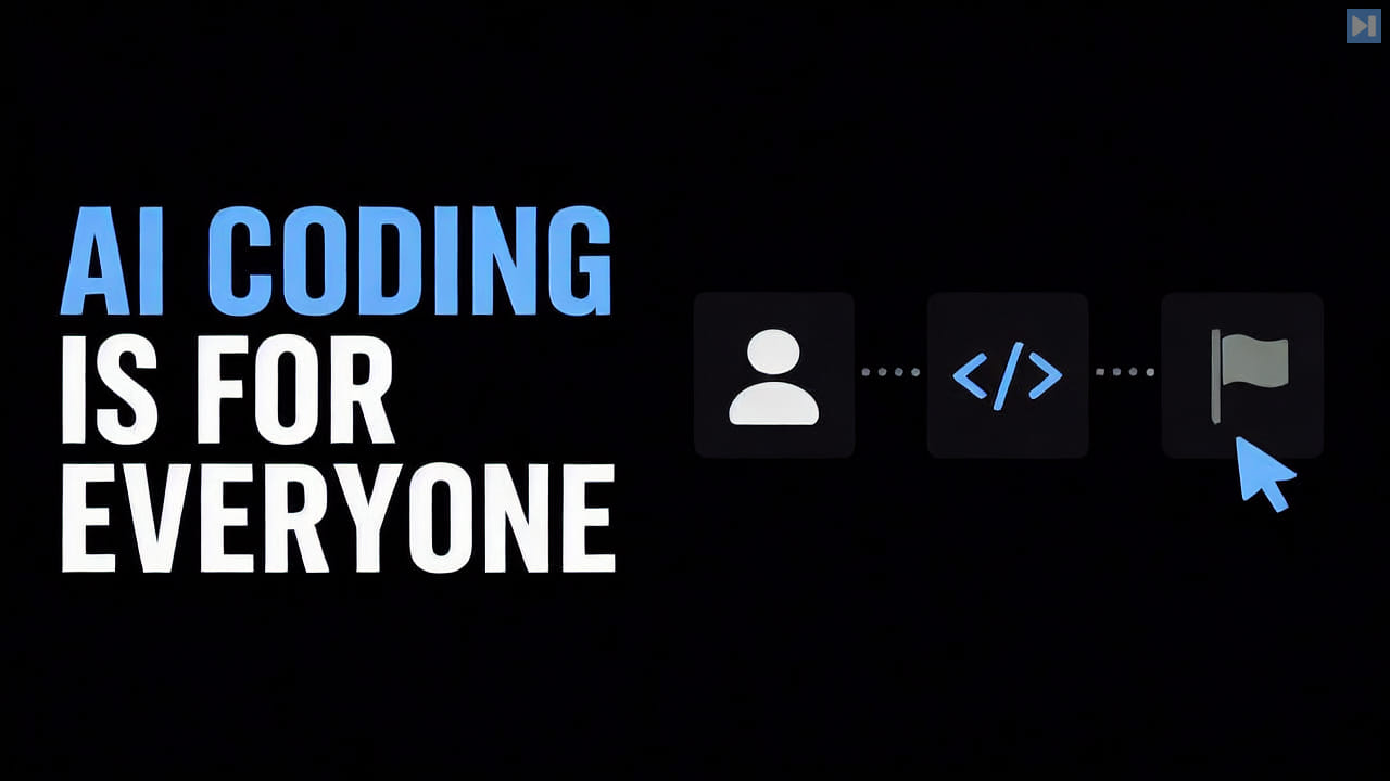 The words AI Coding Is for Everyone beside a flat sequence of work, code and outcome tiles