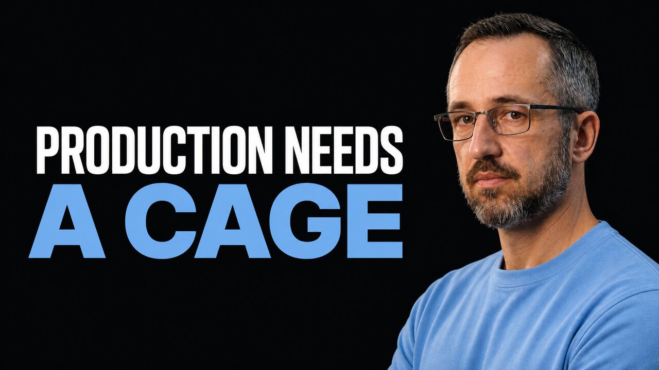 Dmitry Buykin beside the headline Production Needs A Cage in true white and attention blue