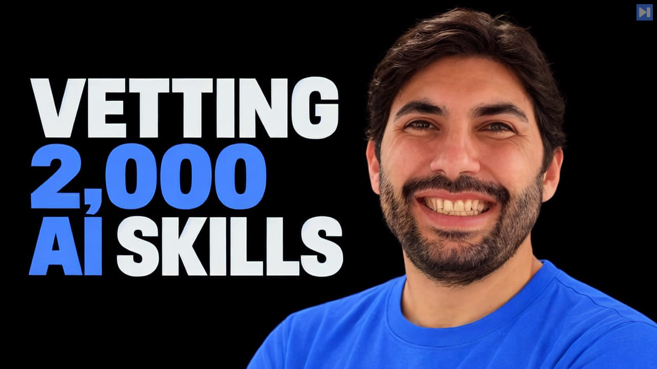 Lucas Palma in a blue shirt beside the headline “VETTING 2,000 AI SKILLS” on a black background.