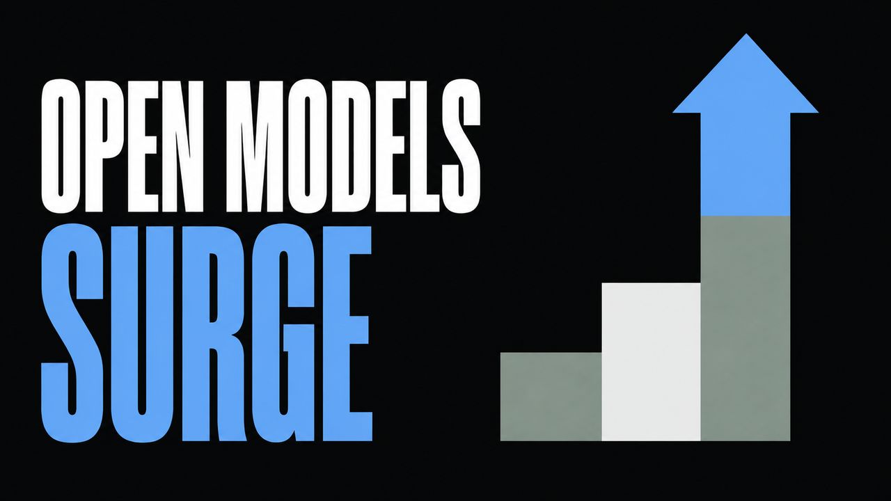 Headline Open Models Surge beside a flat rising-step illustration