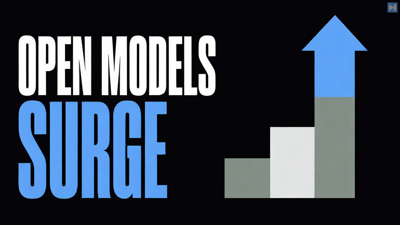 Headline Open Models Surge beside a flat rising-step illustration