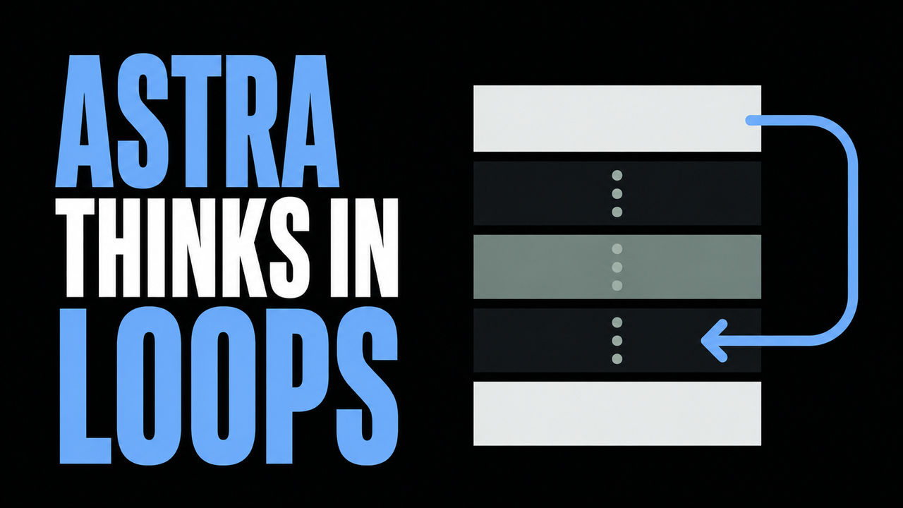 The headline Astra Thinks in Loops beside a flat looped transformer illustration