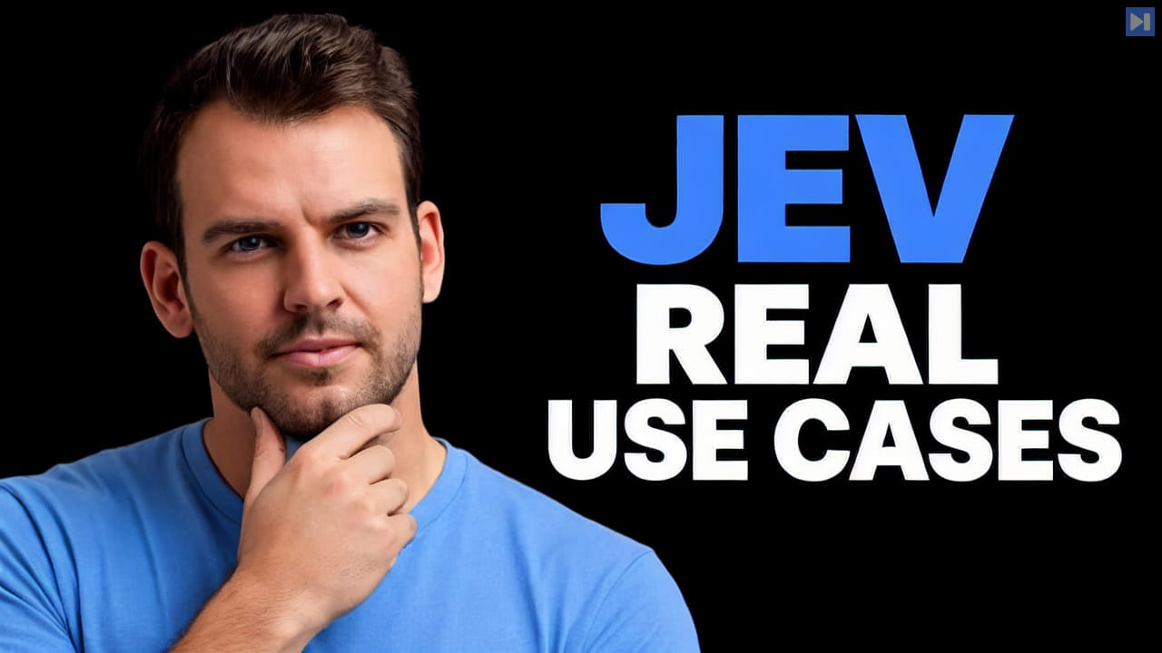 Nathaniel Whittemore in a blue top beside the blue and white headline JEV REAL USE CASES on black.