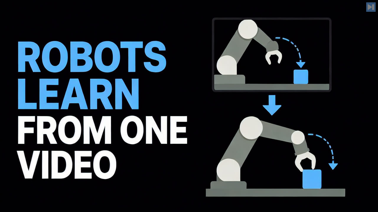 The words Robots Learn From One Video beside a flat illustration of a robot arm learning a motion