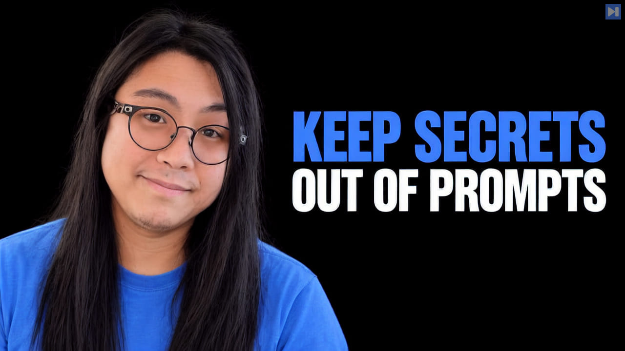 Joshua Mo in a blue shirt beside blue and white text reading “Keep secrets out of prompts” on black.