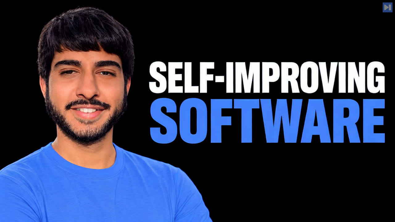 Suraj Gupta in a blue shirt beside the white-and-blue headline “Self-Improving Software” on black.