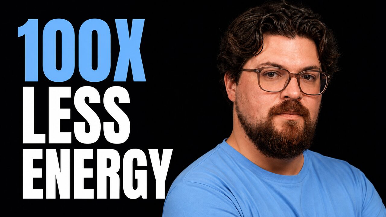 Guillaume Verdon beside the words 100X Less Energy