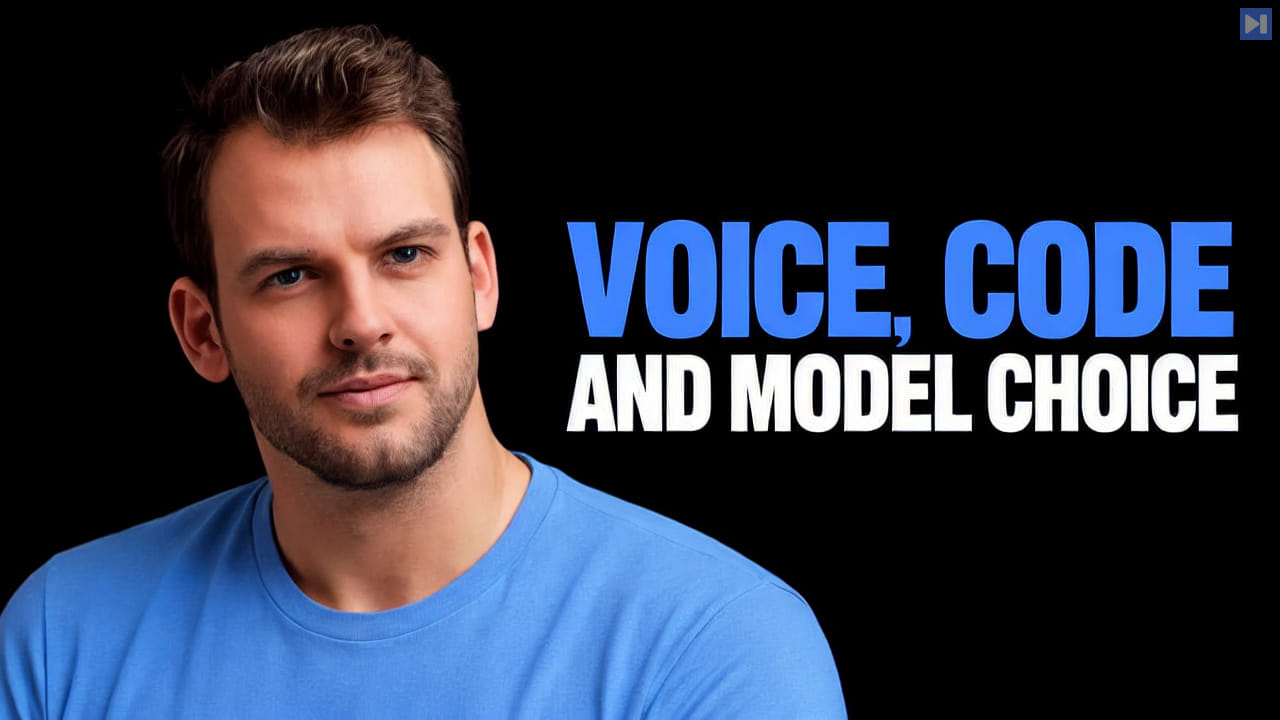 Nathaniel Whittemore in a blue shirt beside blue and white text reading “Voice, code and model choice” on black.